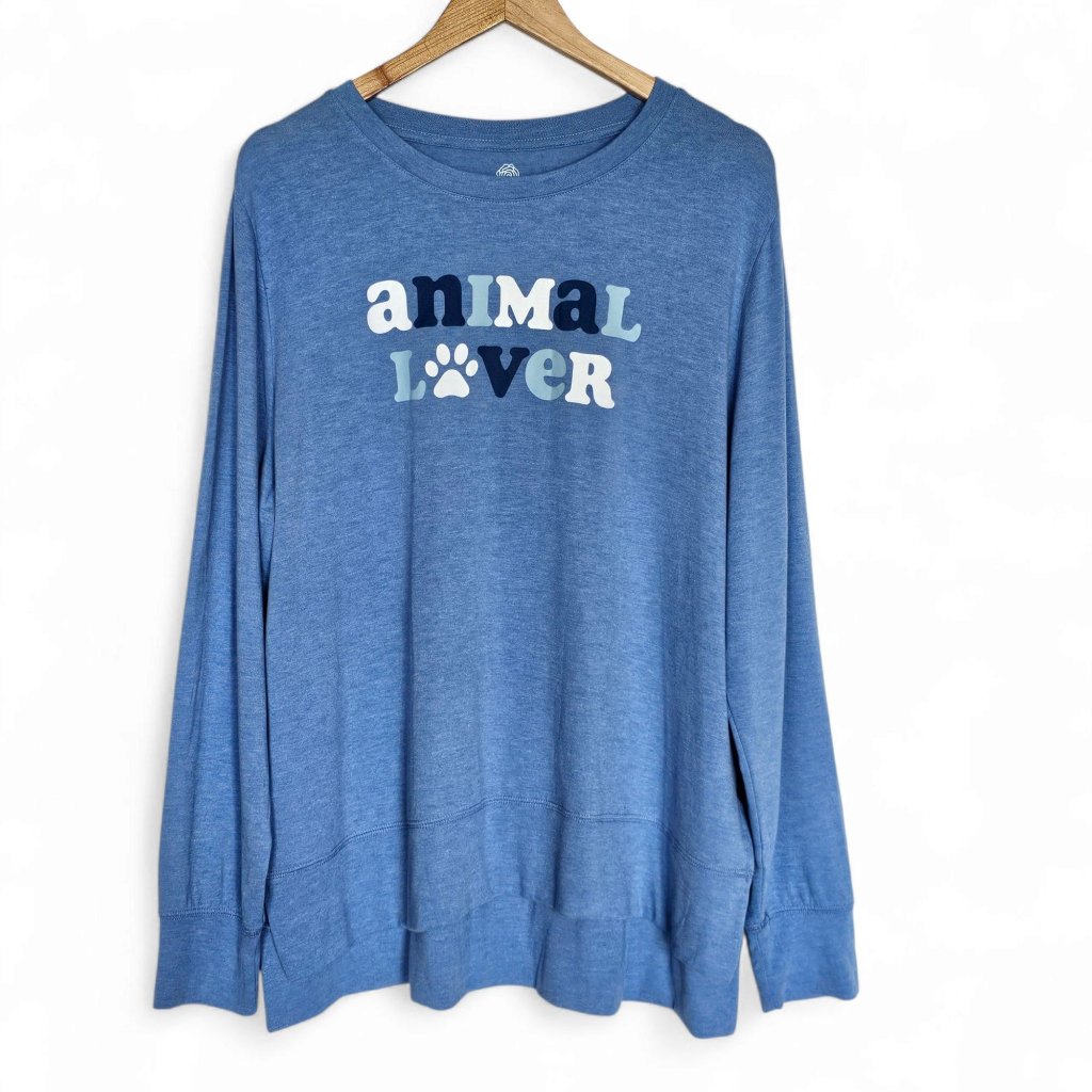 Positivitees Animal Lover Long Sleeve Top Size Xl Blue White Dog Cat Pet Owner